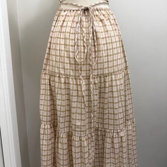 *SOLD*Christy Dawn Delphine Midi Tiered Sun Dress in Snapdragon Gingham Pink Tan - Picture 7 of 11